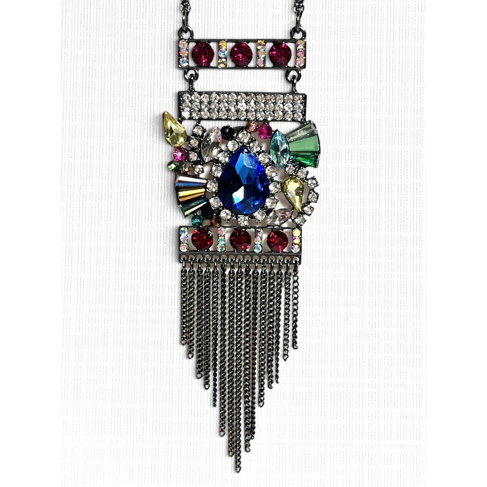 Colorful Rhinestone Cluster Fringe Statement Necklace Long Glam Bling Pendant